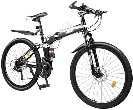 CLEADONG 26 Zoll Mountainbike 21Gang Bike Zusammenklappbar, Fahrrad Höhenverstellbar, Federgabel und Scheibenbremse, Unisex Bike für Herren Damen Schwarz, Silber