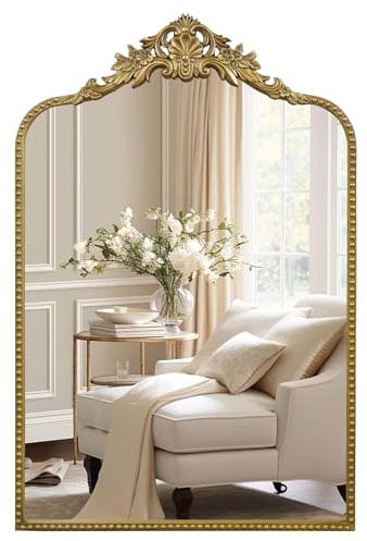 G-LEAF Vintage Baroque Mirror 24X36,Arched Mantel Victorian Antique Farmhouse Mirror with Gold Ornate Metal Frame for Fireplace Entryway Living Room Hallway Bathroom