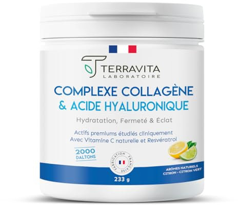 Collagène Marin Peptan + Acide Hyaluronique 200mg | Hydratation, Fermeté et Éclat de la Peau | Diminution des Rides Démontrée | 233g de Poudre Goût Citron/Citron Vert | Made in France | Terravita