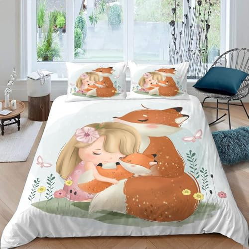 Tier Fuchs Bettwäsche 135x200 Mädchen Teenager Lila, Microfaser Bettwäsche-Sets Mit 80X80CM Kissenbezug,Kinder Bettbezug Mit Reißverschluss,Für Sommer Winter,A16