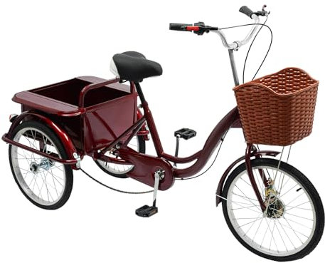 NeNchengLi 18'' Erwachsenen Dreirad für Erwachsene Mit Korb180x58cm Weinrot Senioren Trike mit Rückenkabine, verstellbares Pedal-Dreirad mit GlockeBis 150kg