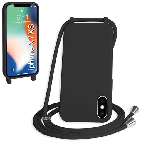 SLWYF Compatible with iPhone X/iPhone XS Crossbody Lanyard Case, Liquid Silicone Protective Phone Case with Strap Adjustable Neck Cord Necklace Soft Cover for iPhone X/iPhone XS, Black