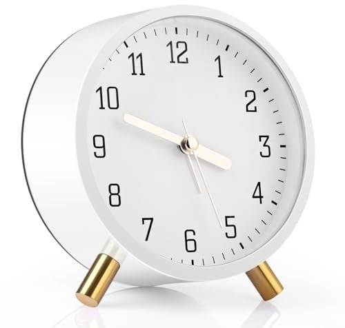 Gerbala Reloj Despertador Analógico, Silencioso Reloj Despertador para Niños, Reloj Despertador de Metal Redondo de Moda con Luz Nocturna para Oficina, Dormitorio, Ancianos, Adultos, Niños (Blanco)