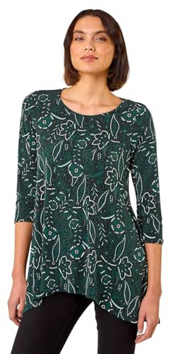 Roman Originals Hanky Hem Tunic Top for Women UK - Ladies Longline Blouse Asymmetric Hemline Casual Slouch Loose 3/4 Sleeves Round Neck Relaxed Comfortable Holiday - Teal Noir - Size 10
