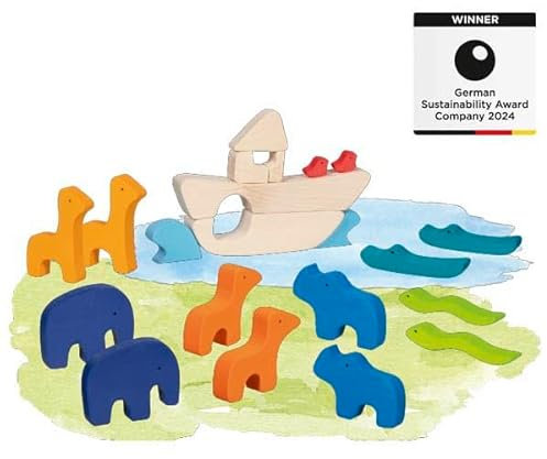 goki Evolution 51454 – Designspiel Arche Noah aus Holz – 21-teiliges Holzspielzeug mit Tieren und Schiff – Made in Europe
