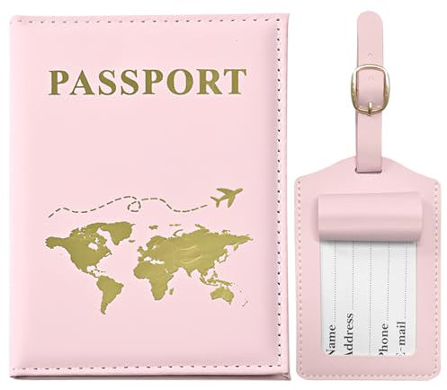GIKPAX Reisepasshülle, Gepäckanhänger, Reisepasshülle aus PU-Leder, Reisebrieftasche für Reisepass, Ticketkarte, Bordkarten, Kreditkarte, Visitenkarten (Rosa)