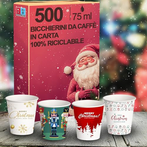 G.M. DISTRIBUZIONE 500 Bicchieri da Caffè in Carta Natalizi 75 ml, Biodegradabili Biocompostabili, Usa e Getta, 4 Colorazioni, Ideale per Casa, Ufficio, Asporto Bevande Calde Natale, piccoli