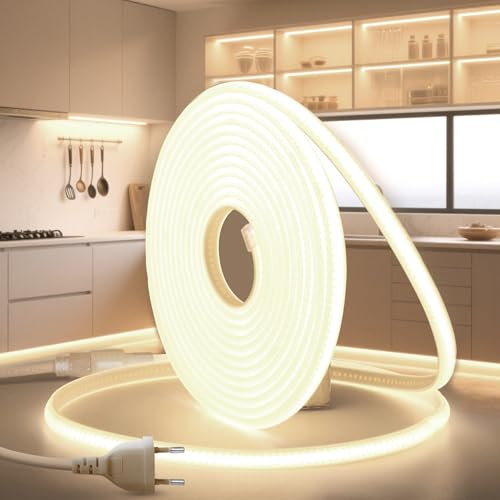 BRIMETI Tira LED Neon COB 10M 220V Blanca Natural 4000K 320LED/m Impermeable IP65 Luces Flexible Cortable LED Luces con Cable de Alimentación para Interior Exterior Casa Cocina Jardín Decoración