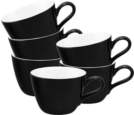 Seltmann Weiden Life Fashion Glamorous Black Kaffeetassen 6er Set, 240 ml, Einfarbige Tassen, Mix & Match Geschirr, Spülmaschinen- & Mikrowellenfest, Porzellan, Schwarz/Weiß