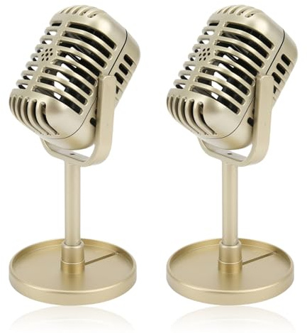 Cyrank 2 Pack Retro Microphone Prop, Vintage Microphone with Stand Classic Plastic Fake Micro Phone Decorations Mic Centerpiece for Home Party Decorations (Gold)