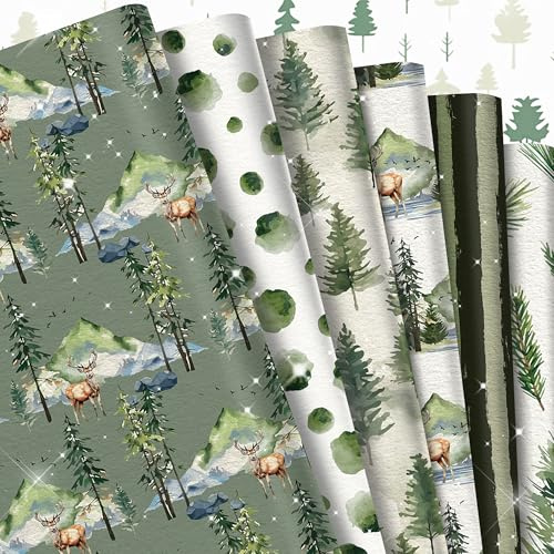 12 Sheet Jungle Wrapping Paper Woodland Gift Wrap Papers Bulk Green Tree Elk Craft Paper for Birthday Wedding Baby Shower DIY Crafts Gift Packing