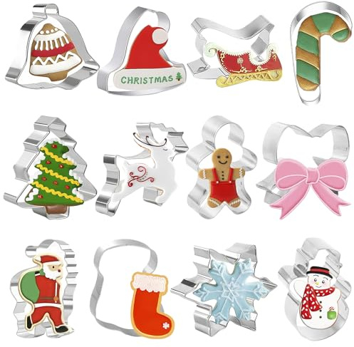 MUNSKT 12 PCS Christmas Cookie Cutters Set, Stainless Steel Christmas Biscuit Cutters with Santa, Reindeer, Snowman, Gingerbread Man, Christmas Tree, Bell, Snowflake Shapes for Holiday Baking Decorati