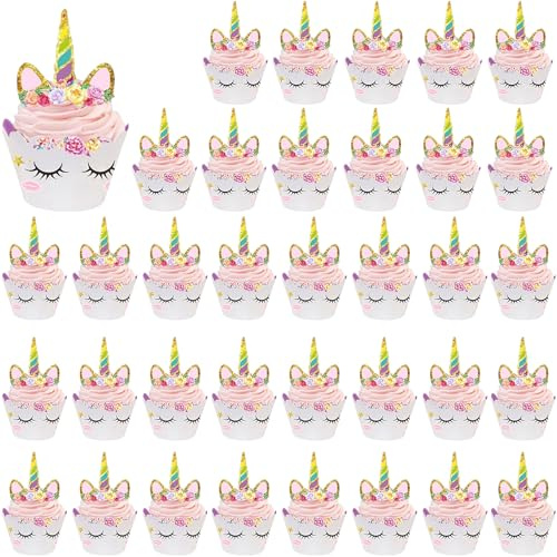 36 Einhorn Cupcake Wrappers, Kindergeburtstag Deko, Papier | 36 teilig, Einhorn Cupcake Wrappers & Topper, niedliches Design, 36 Wrappers, für Cupcakes, Mädchen Geburtstag, Party