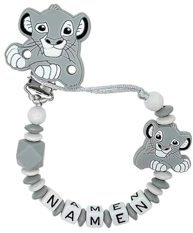 Nuckelkette mit Namen  LÖWE  in verschiedenen Farben und Motiven/Baby/Unisex/Personalisiert/HANDMADE (Hellgrau Weiß 1)