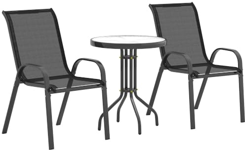 Outsunny Bistro-Set Garten-Set 3-teilig Wetterfest Glastisch Schwarz | Gartenmöbel, Stapelbare Gartenstühle, Balkonmöbel Set, Sitzgruppe, Balkonset, Gartengarnitur