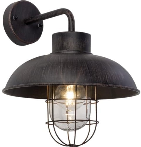 Lightbox Außen Wandlampe | 29 x 24 cm | spritzwassergeschützte Outdoor Wandleuchte (1 x E27 max. 60 W) | hängende Vintage Lampe als Haustürbeleuchtung |aus Metall und Glas in Braun