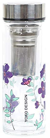 Yoko Design - THEIERE EN VERRE DOUBLE PAROI GARDEN PAR'TEA 350 ML avec fleurs violettes