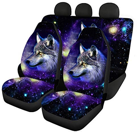Jiueut Universal Autositzbezüge mit Galaxie-Wolf-Motiv, komplettes Set, für Vorder- und Rücksitzbank, dekorativ, passend für die meisten Autos, SUVs, Lieferwagen, für Damen und Herren, 4 Stück