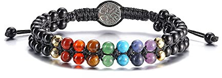 GEHECRST 7 Chakra Armband lebensbaum Edelstein Armbänder Perlenarmband Yoga Armband Doppelschicht geflochten Armreif Healing Reiki Energietherapie Glückbringen Edelstein (Obsidian)