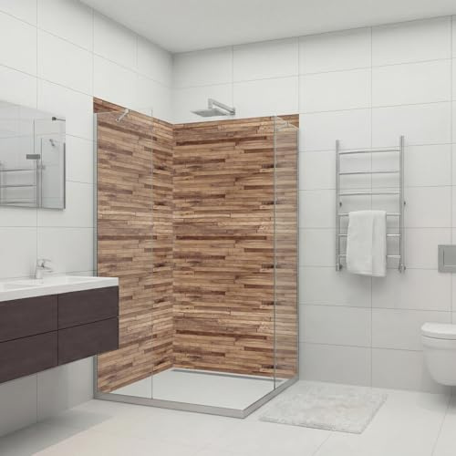 dedeco Eck-Duschrückwand wasserfest Motiv: Holz V3, 2 x 90x210 cm, als Badrückwand zum Fliesenersatz, als Dekorwand, Wandverkleidung und Duschplatte aus Aluminium - Made in Germany