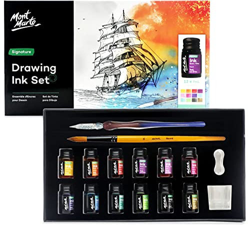 Mont Marte Calligraphie Set 16 pièces – Porte-Plume avec Plume et Encre – Contient 12 x 7ml d'Encre, Plume en Verre, Pinceau, Repose-Plume, Récipient
