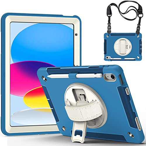 Cover per iPad 10 (10,9 Pollici, Modello 2022, 10ª Generazione) , Cover Protettiva per Tablet Resistente Robusta con 360 Supporto Rotante e Tracolla,B