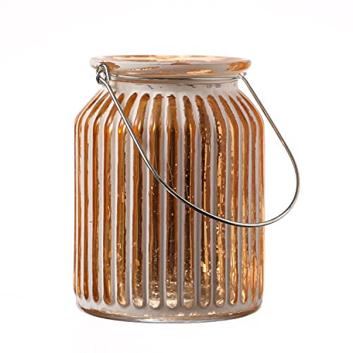 Windlicht geriffeltes Glas Teelichthalter Metallhenkel Kerzenhalter H: 14,5cm Glaslicht Glasvase (weiß/Kupfer)