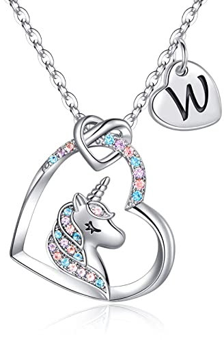 TINGN Einhorn Geschenke für Mädchen, 14K Weißgold Vergoldet Herz Kette Mädchen Einhorn Anhänger Halskette Silber Kette mit Buchstaben W Geburtstag Einhorn Geschenke für Mädchen ab 6-8 Jahren