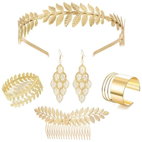 Hifot 5 Stück Griechische Göttin Kostüm Zubehör Set für Damen Haarschmuck Gold Lorbeerblatt Krone Blattgold Stirnband Arm Spule Armband Blatt Ohrringe für Braut Kopfschmuck Party Robe Cosplay Schmuck