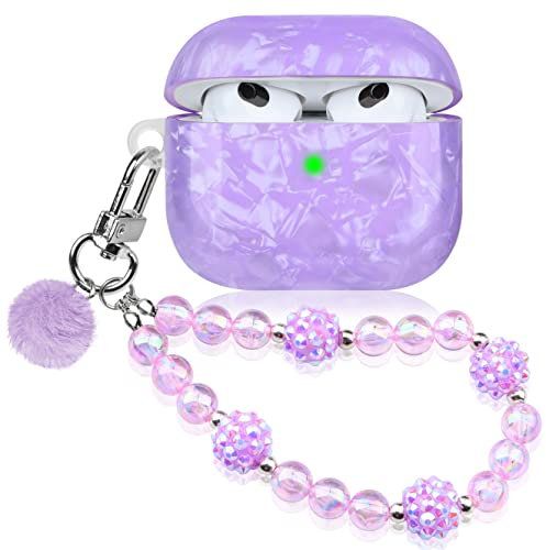 Kompatibel mit AirPods 3 Hülle Schutzhülle und Haut Case für AirPods 3 Voller Schutz Schutzhülle mit Perle Lanyard für Mädchen Frau Laden Lila
