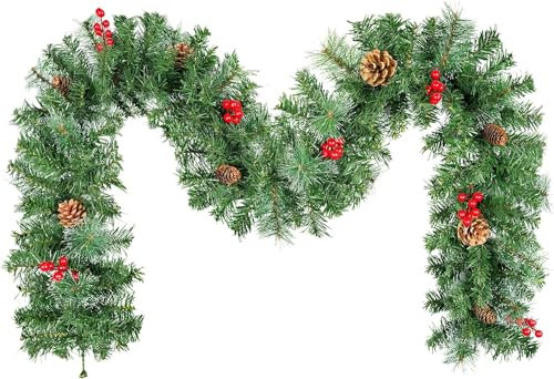 Weihnachtsgirlande 270 m, Uten Künstliche Girlande Grün mit Tannenzapfen,rote Beeren und Schnee, für Innen und Aussen, Tür, Treppe, Hochzeit, Weihnachten