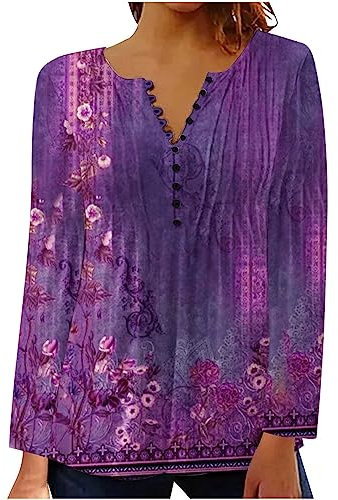 Yolimok Women's Long Sleeve Tops Elegant Vintage Floral Printed Tunic Tops V Neck Buttons Up Blouse Ladies Henley T-Shirt Swing Blouses Longine Shirts Casual Baggy Pullover