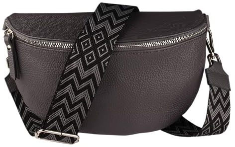 MIRROSI® Bauchtasche Damen, Echtleder, Made in Italy, Umhängetasche, Brusttasche, Crossbody Bag (1 Tasche & 2 Gurte) (Dunkelgrau (Bohemian Dunkelgrau Schwarz), Kleine Tasche (22x13x6cm))