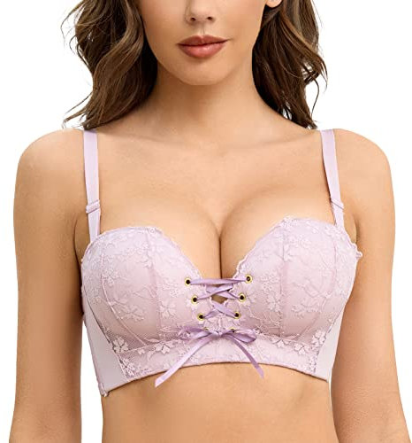 FallSweet Add Two Cups Lace Push Up Bra Ultra Padded Wireless Support Brassiere (Purple, 34A)