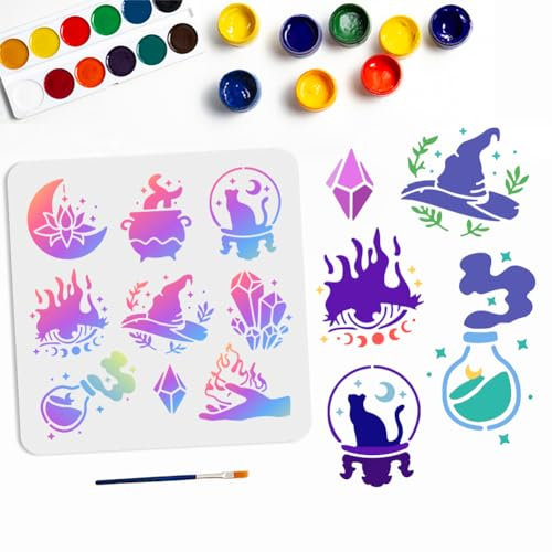 MAYJOYDIY Schablonen mit magischem Thema, wiederverwendbar, magische Hexe, Wahrsagungsschablone mit Pinsel, Teufelsauge, Hexenhut, Mond, Kristallflaschen, Zeichenschablone für Bastelarbeiten, Holz,