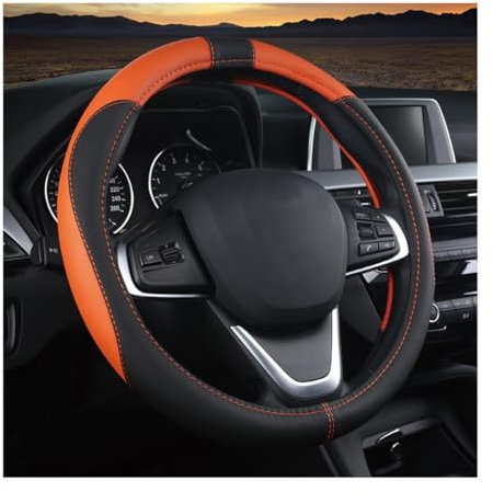 JNNJ Lenkradbezug Auto, Mikrofaser-Leder-Lenkradabdeckung, Sport Anti Rutsch 38cm Lenkradbezug, Lenkrad Abdeckung Echtes Leder Breathable Anti Slip(Schwarz/Orange)