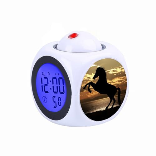 Réveil numérique à projection pour enfants - Température - Thermomètre de bureau - Affichage de l'heure et de la date - Horloge de table - Motif silhouette de cheval