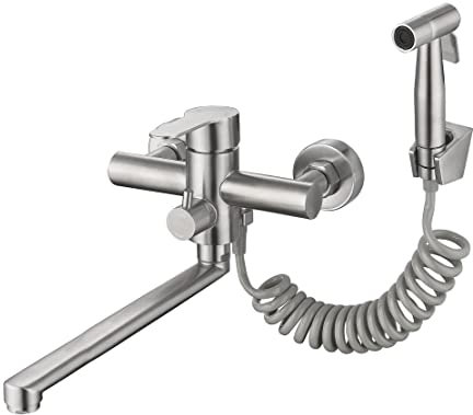 HomeLava Rubinetto Cucina a Muro con Doccetta, Miscelatore Cucina a Parete in Acciaio Inox 304 Spazzolato, Tubo Rotante 30cm