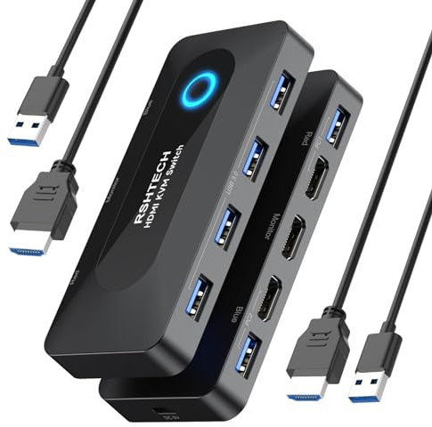RSHTECH KVM Switch, USB 3.0 Sharing Switch with 4K@60Hz HDMI Port & 4 USB 3.0 Data Ports, USB KVM Switcher for 2 Computer Share Mouse, Keyboard, Printer, Monitor and More.