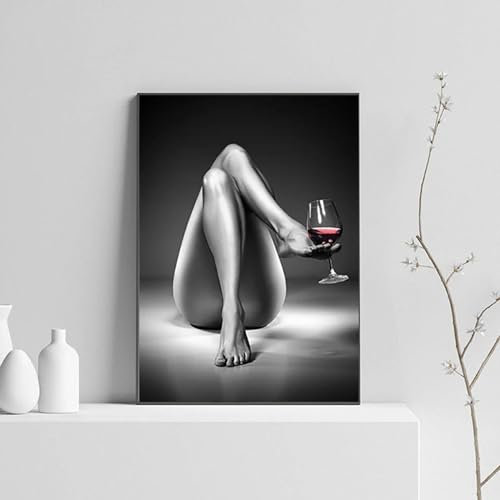 BIEMBI Pittura su tela astratta con piede di donna con bicchiere di vino Poster e stampe moderni Quadri appesi per soggiorno Decorazioni per la casa 60x80 cm Con cornice nera