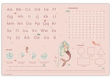 Schreibtischunterlage für Kinder – Lernunterlage zur Einschulung in Meerjungfrau Optik ABC, 1x1, Uhrzeiten – 60 x 40 cm – aus abwischbarem Vinyl - Made in Germany
