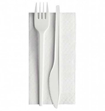 25/50/100/250 BIS DI POSATE IMBUSTATE CON TOVAGLIOLO - monouso - biodeagradabili - SET BIANCO Posate compostabili 100% Naturale (25 PEZZI)