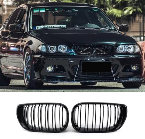Jinpengyong E46 Kühlergrill Passend für BMW 3er E46 4 Door 2002-2005 LCI Facelift Grill Nieren Glanz Schwarz Doppelsteg Sport Kühlergrill (Nicht geeignet für 2 Türen)(For 3er E46 4D 2002-2005 LCI)