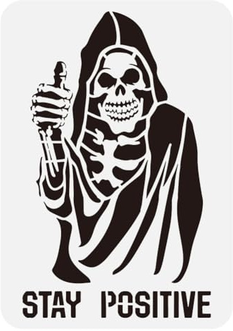 FINGERINSPIRE Lustige Sensenmann Malschablone 21x29.7cm Halloween Sensenmann Vorlage Dekorative Daumen Hoch Schablone Ausgehöhlte Worte Stay Positive Schablone Skelett Themenschablone Für Heimwerker