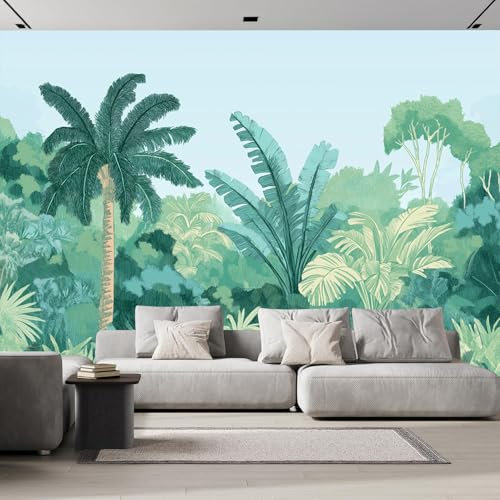 Papier Peint Panoramique Cocotier Rétro, 350× 256 cm Plantes Médiévales Feuilles De Bananier Papier Peint soie Personnalisé Photo Murale pour Salon Chambre d'enfants Décoration Murale