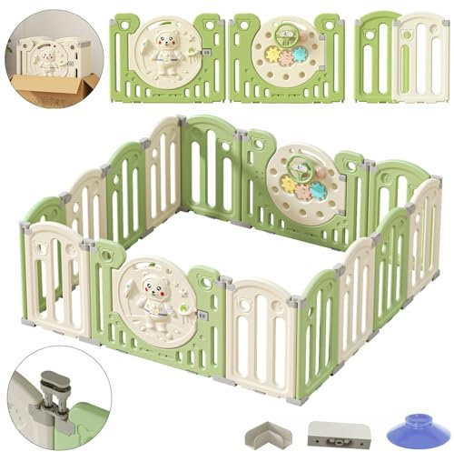 Kakbgee Faltbarer Baby Laufgitter， Tragbarer Spielplatz Einstellbare Form Faltbarer Spielzaun mit Spielzeug und Sicherheitstor, Vormontage Spielbereich Indoor Outdoor （14Panel Grün）