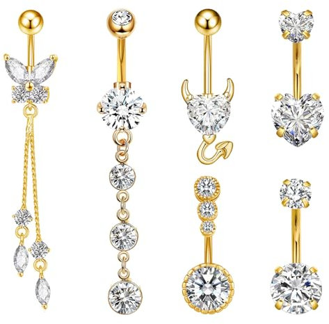 AYSYR Lot de 6 piercings de nombril dorés - Pour l'été - Avec strass - Facile à remplacer - Tendance