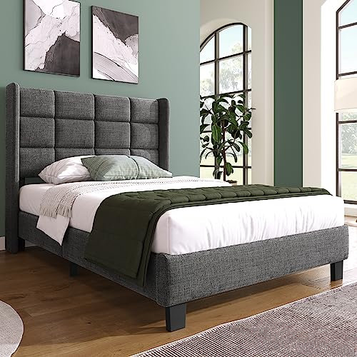 Queta Modernes Design Polsterbett Mit seinem gepolstertes Kopfteil Einzelbett mit Lattenrost, 90x200cm,in Grau Leinen, mittelfest (Ohne Matratze)