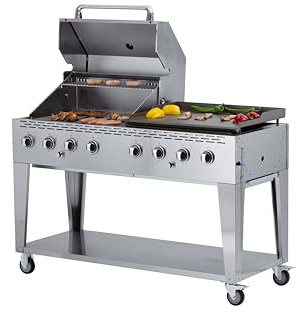 METRO Professional Barbacoa de Gas con 8 Quemadores y Plancha, Acero Inoxidable, 30.4 kW, Encendido Eléctrico, Estante Inferior, 4 Ruedas, Funda de Poliéster 600D, Plata