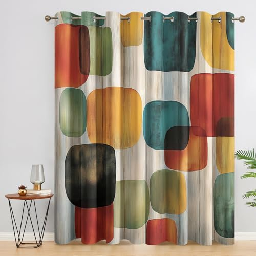 Vorhänge Geometrisch Retro Wohnzimmer Schlafzimmer, Quadrate Bunt Abstrakt Gardinen mit Ösen, Fenster Vorhang Blickdicht, Verdunklungsvorhänge Thermovorhang, 2er Set Curtains, H 260 x B 140 cm